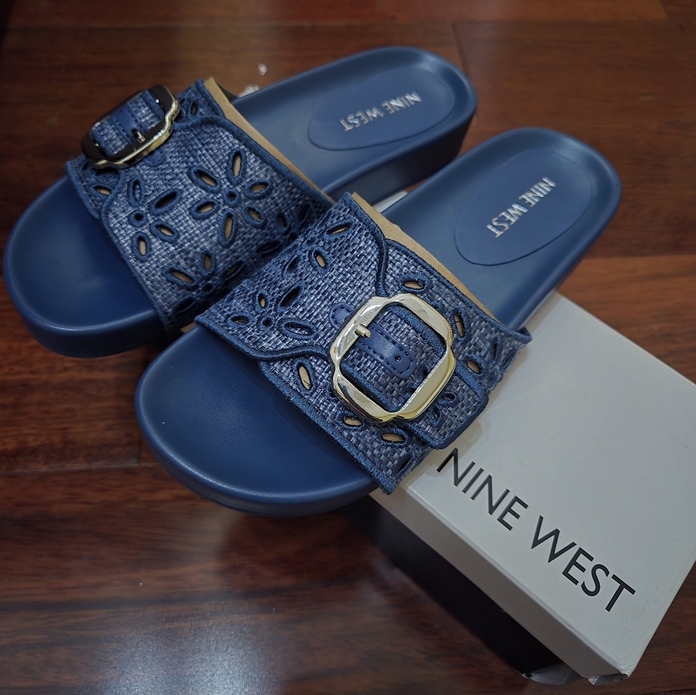 Nine West Blue Slide Sandals Womens Size 5